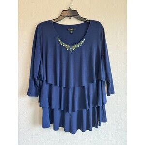 Susan Graver Artisan Women's Blue Tiered Beaded Liquid Knit Blouse Studded 1X